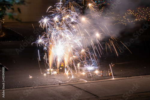 Home fireworks family celebration at night