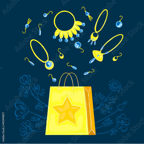 Vector drawn illustration with jewelry collection, shop package, floral, botanical background. Concept of jewelry stores, precious stones, metals, shopping.