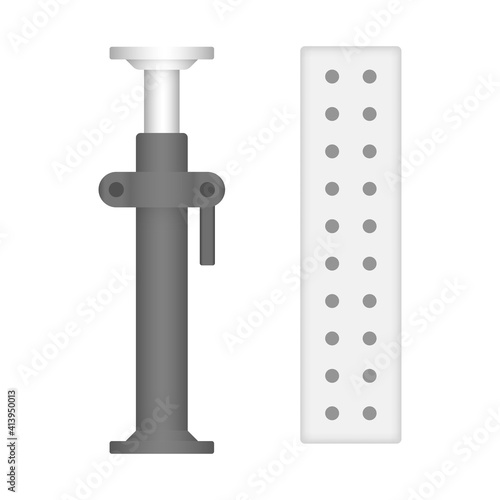 Construction equipment vector icon. Consist of adjustable shoring prop for temporary support and board decking. Also called steel plank, metal deck or catwalk for working platform and scaffolding.