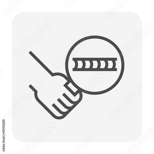 Welding quality inspection check vector icon. Consist of workpiece,  butt or fillet and magnifying glass tool. To find crack, destructive or defect of weld joint. Good location and coverage. 64x64 px.