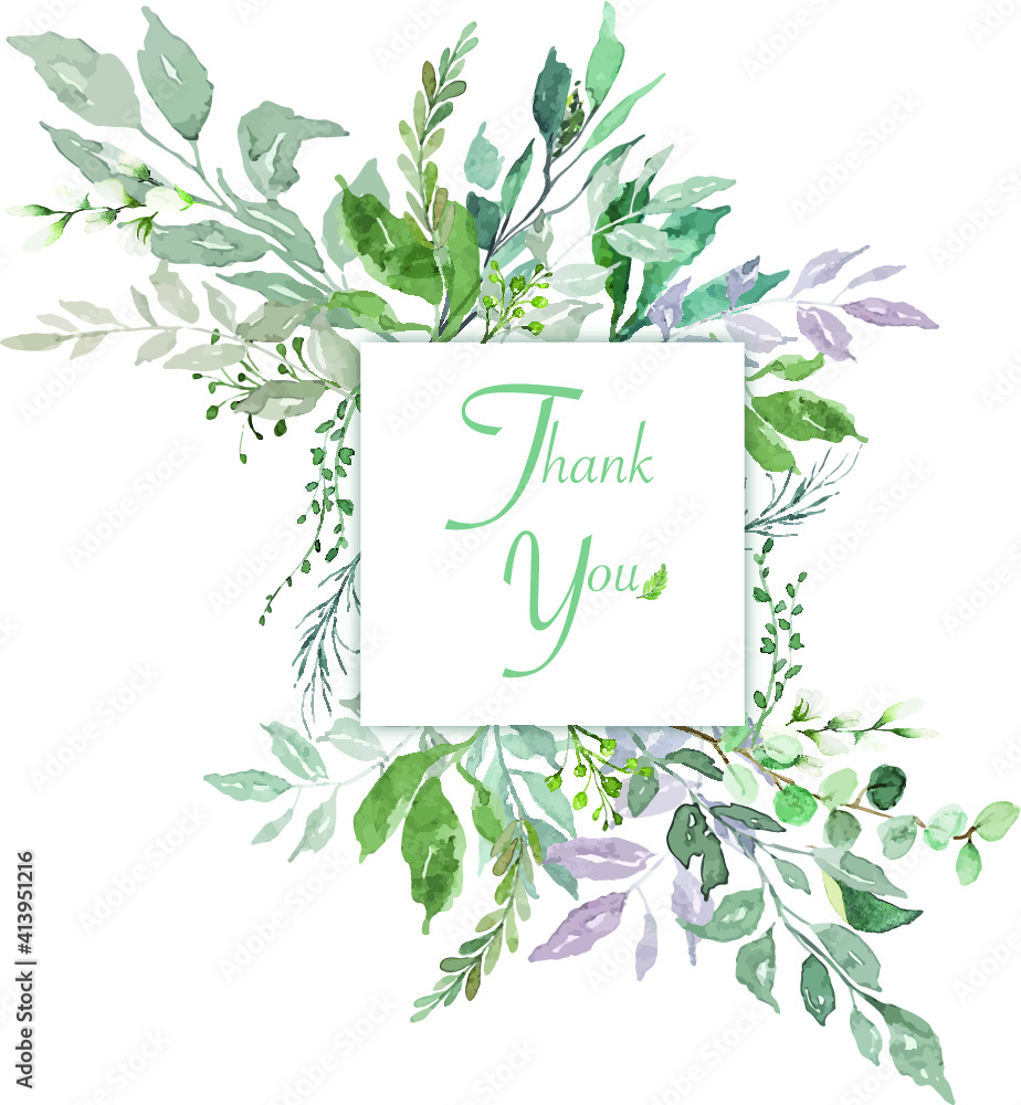 Vector watercolor of green leaves with thank you word in square space ...