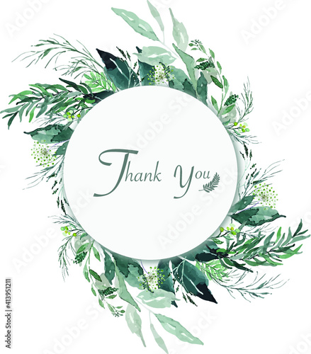 Vector watercolor of green leaves with thank you word in circle space frame, illustration green nature background concept