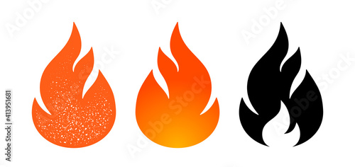 Fire, flame. Red flame in abstract style on white background. Flat fire collection set. Modern art isolated graphic. Fire sign. Vector Illustration