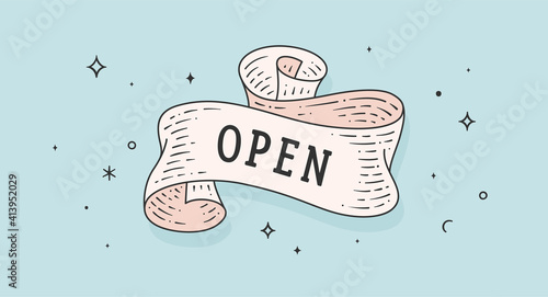 Open. Vintage ribbon with text open. Black white vintage banner with ribbon, graphic design. Text open for cafe, bar, restaurant, food menu. Vector Illustration