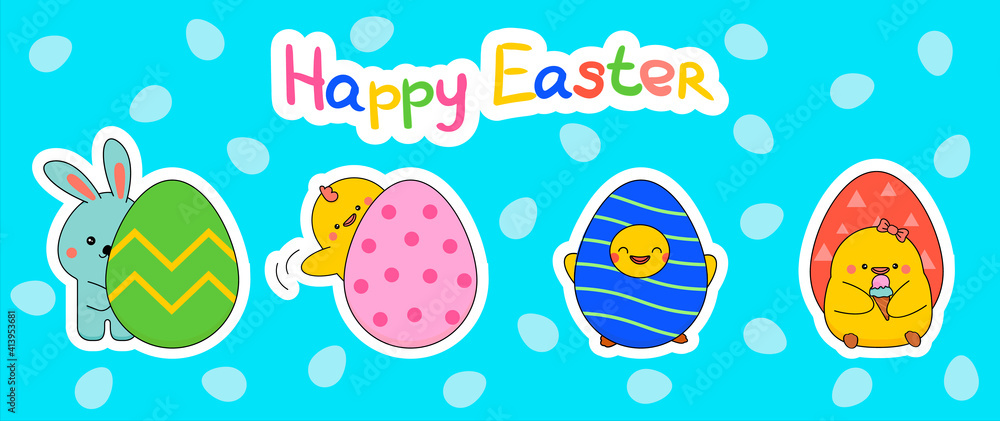 Easter cute funny chicks and bunny stickers set in cartoon style. Vector.