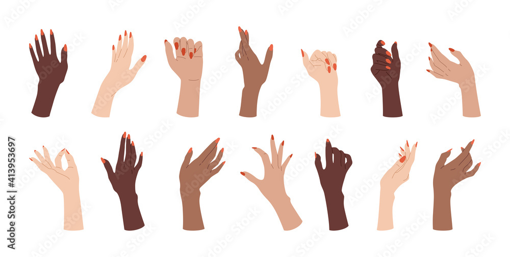 Female manicured nails hand set. Multiracial women arms nail design. Flat manicure demonstration gesture. Different nations fashion, skin care Spa beauty trendy concept vector illustration Female manicured nails hand set. Multiracial women arms nail design. Flat manicure demonstration gesture. Different nations fashion, skin care Spa beauty trendy concept vector illustration