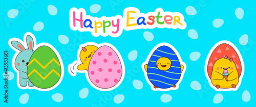 Easter cute funny chicks and bunny stickers set in cartoon style. Vector.