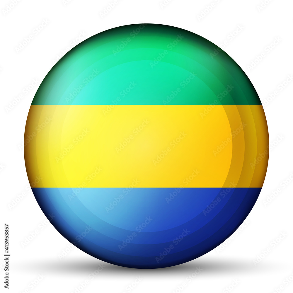 Glass light ball with flag of Gabon. Round sphere, template icon. National symbol. Glossy realistic ball, 3D abstract vector illustration highlighted on a white background. Big bubble. Glass light ball with flag of Gabon. Round sphere, template icon. National symbol. Glossy realistic ball, 3D abstract vector illustration highlighted on a white background. Big bubble.