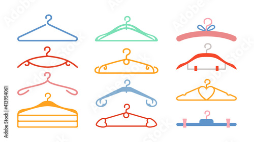 Clothes hanger cartoon set. Hand drawn hangers accessory wardrobe clothing, wear. Shop storage boutique cloakroom. Fashion style scribble icon. Design elements for sale tag. Vector illustration