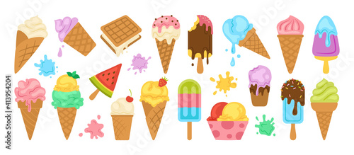 Ice cream cartoon set. Chocolate, vanilla ice cream cone fruit, mint, berry ice lolly. Kawaii bright summer collection sweet food, splash. Watermelon on stick. Isolated dessert vector illustration