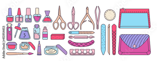 Manicure equipment bright set. Line polishing nails, nail polish, file, tweezers, hand cream, scissors, oil, nippers brush. Manicure outline tools design elements beauty and Spa concept trendy vector