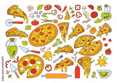 Pizza retro line cartoon set. Italian hand drawn pizzas with greens, pepper, tomato olive, cheese mushroom. Margarita and hawaiian, pepperoni or seafood. Pizza pieces and ingredients vector collection