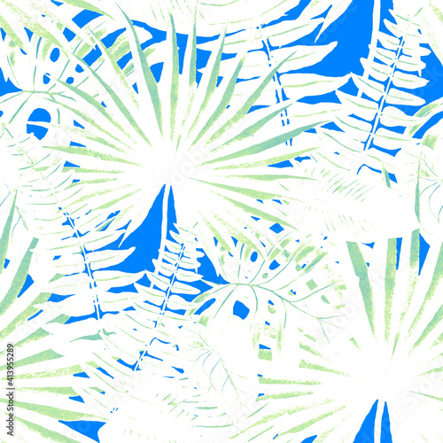 Modern abstract seamless pattern with watercolor tropical leaves for textile design. Retro bright summer background. Jungle foliage illustration. Swimwear botanical design. Vintage exotic print.	

