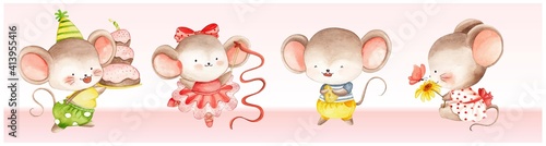 Watercolor cute mouse set