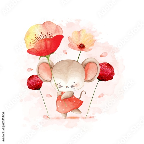 Watercolor mouse with flower vector