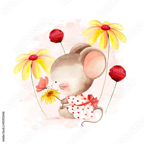 Watercolor mouse with flower vector