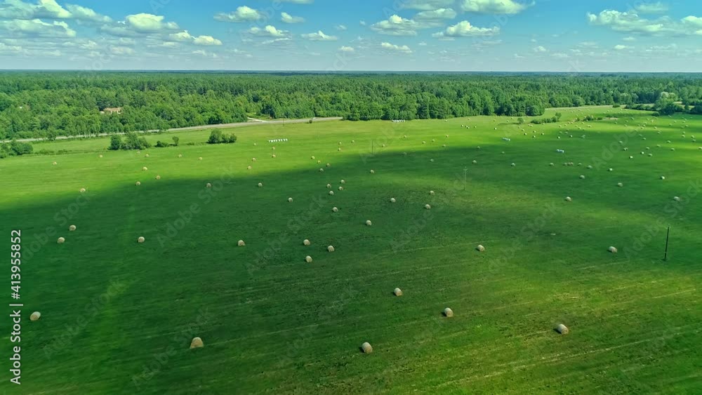 Aerial forward motion view over beautiful rural countryside landscape with green field and scattered haystacks, wide view drone motion, blue sky horizon Aerial forward motion view over beautiful rural countryside landscape with green field and scattered haystacks, wide view drone motion, blue sky horizon
