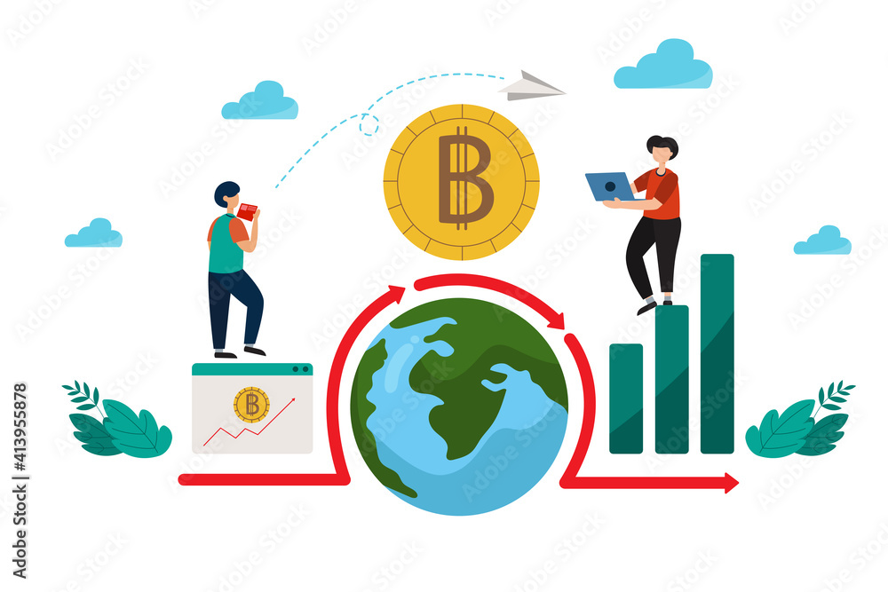 Naklejka premium Vector illustration The transfer of bitcoin digital money makes it easier to spend money in each country because of the speed and exchange of assets.