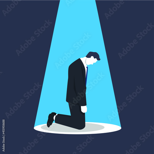 Sad businessman with spot light simple trendy color flat style on blue background. Business and finance concept. Designed vector illustration.