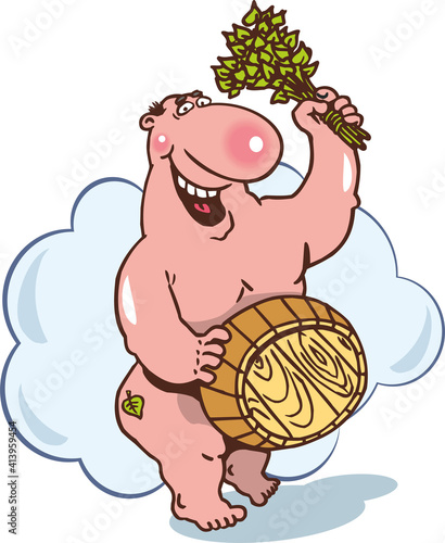 Satisfied naked man washes in a bathtub, steamed with a birch broom, holding a basin in his hands, isolated on a white background.Flat infographics. Vector illustration in cartoon style.