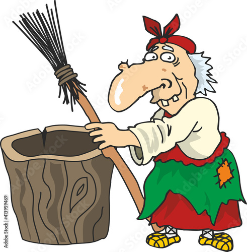 Baba Yaga holds a broom, stands near a hand-drawn stupa. Fairy character isolated on white background. Flat infographics. Vector illustration in cartoon style.