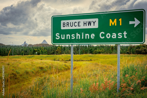 Road sign showing directions to Sunshine Coast, Queensland, Australia along the Bruce Hwy photo