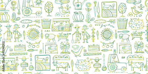 Organic Farm Seamless Pattern Background For your Design. Harvest Festival. Agriculture collection. Organic farming eco concept. Fresh products, locally grown and organic food. Farmer's Market