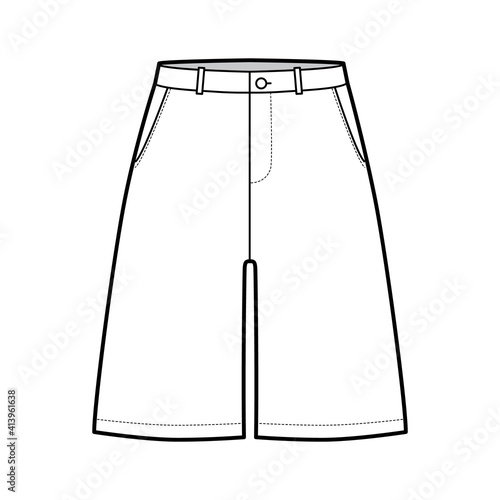 Short baggy Bermudas dress pants technical fashion illustration with above-the-knee length, low waist, rise, slashed pocket. Flat walking bottom template front white color style. Women, men CAD mockup