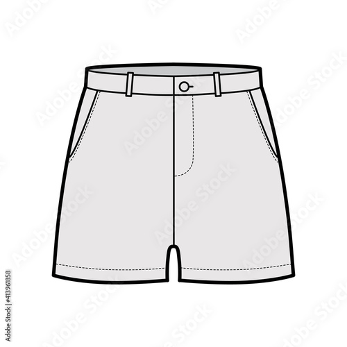Short pants technical fashion illustration with mid-thigh length, low waist, rise, slashed pocket. Flat bottom apparel template front, grey color style. Women, men, unisex CAD mockup