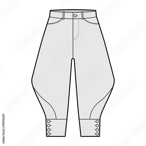 Riding breeches short pants technical fashion illustration with knee length, low waist, rise, curved pocket, buttoned. Flat bottom template front, grey color style. Women, men CAD mockup