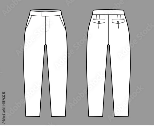 Short capri pants technical fashion illustration with mid-calf length, normal waist, high rise, slashed, flap pocket. Flat breeches bottom template front, back, white color style. Women men CAD mockup