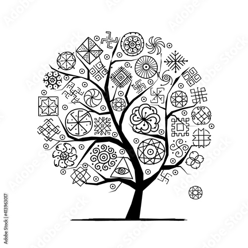 Sacred geometry, art tree. Alchemy, religion, philosophy, spirituality. Hand drawn sketch for your design photo