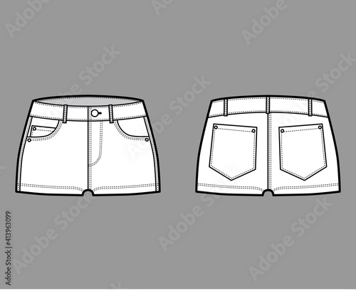 Denim hot short technical fashion illustration with micro length, curved, coin, angled 5 pockets, low waist. Flat bottom apparel template front, back, white color style. Women, men, unisex CAD mockup