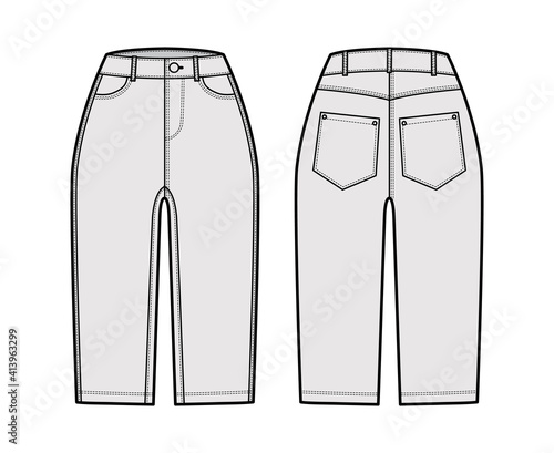 Denim short pants technical fashion illustration with knee length, normal waist, high rise, curved, coin, angled 5 pockets. Flat breeches bottom front, back, grey color style. Women, men CAD mockup
