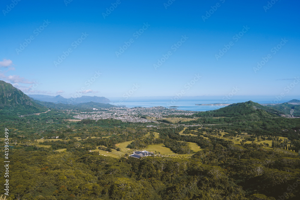 Kaneohe view at Nuuanu Pali Lookout, Oahu Hawaii Kaneohe view at Nuuanu Pali Lookout, Oahu Hawaii