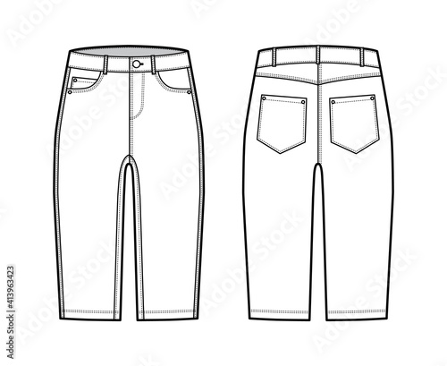 Denim short pants technical fashion illustration with knee length, low waist, rise, curved, coin, angled 5 pockets. Flat breeches bottom template front, back, white color style. Women, men CAD mockup