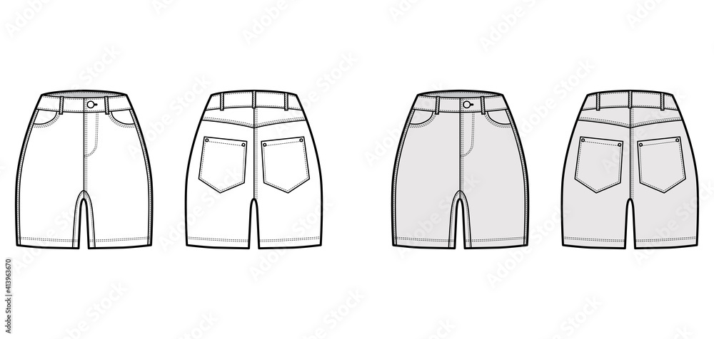 Denim short pants technical fashion illustration with mid-thigh length, normal waist, high rise, curved 5 pockets. Flat bottom template front, back, white grey color style. Women men unisex CAD mockup