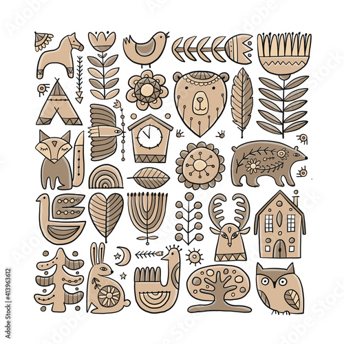 Card Design with Nordic Ornament. Forest Animals, Folk Background