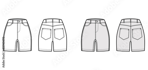 Denim short pants technical fashion illustration with mid-thigh length, normal waist, high rise, curved 5 pockets. Flat bottom template front, back, white grey color style. Women men unisex CAD mockup