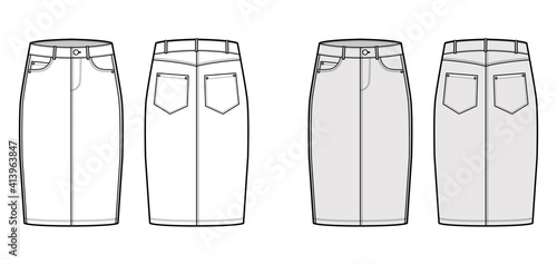 Denim pencil skirt technical fashion illustration with knee length  low waist rise  curved  coin  angled pockets. Flat bottom template front  back  white grey color style. Women  men unisex CAD mockup