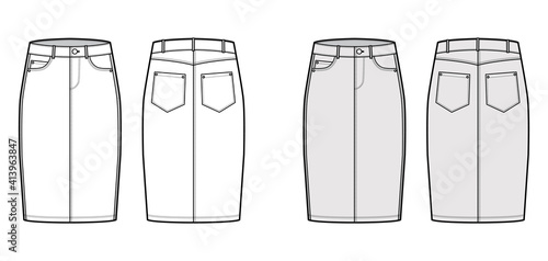 Denim pencil skirt technical fashion illustration with knee length, low waist rise, curved, coin, angled pockets. Flat bottom template front, back, white grey color style. Women, men unisex CAD mockup