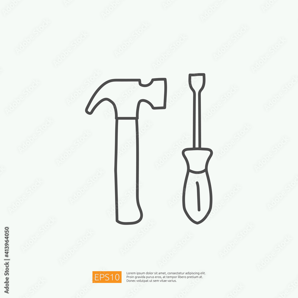 engineering related concept doodle icon with hammer and screw. maintenance and equipment sign symbol. stroke line vector illustration engineering related concept doodle icon with hammer and screw. maintenance and equipment sign symbol. stroke line vector illustration
