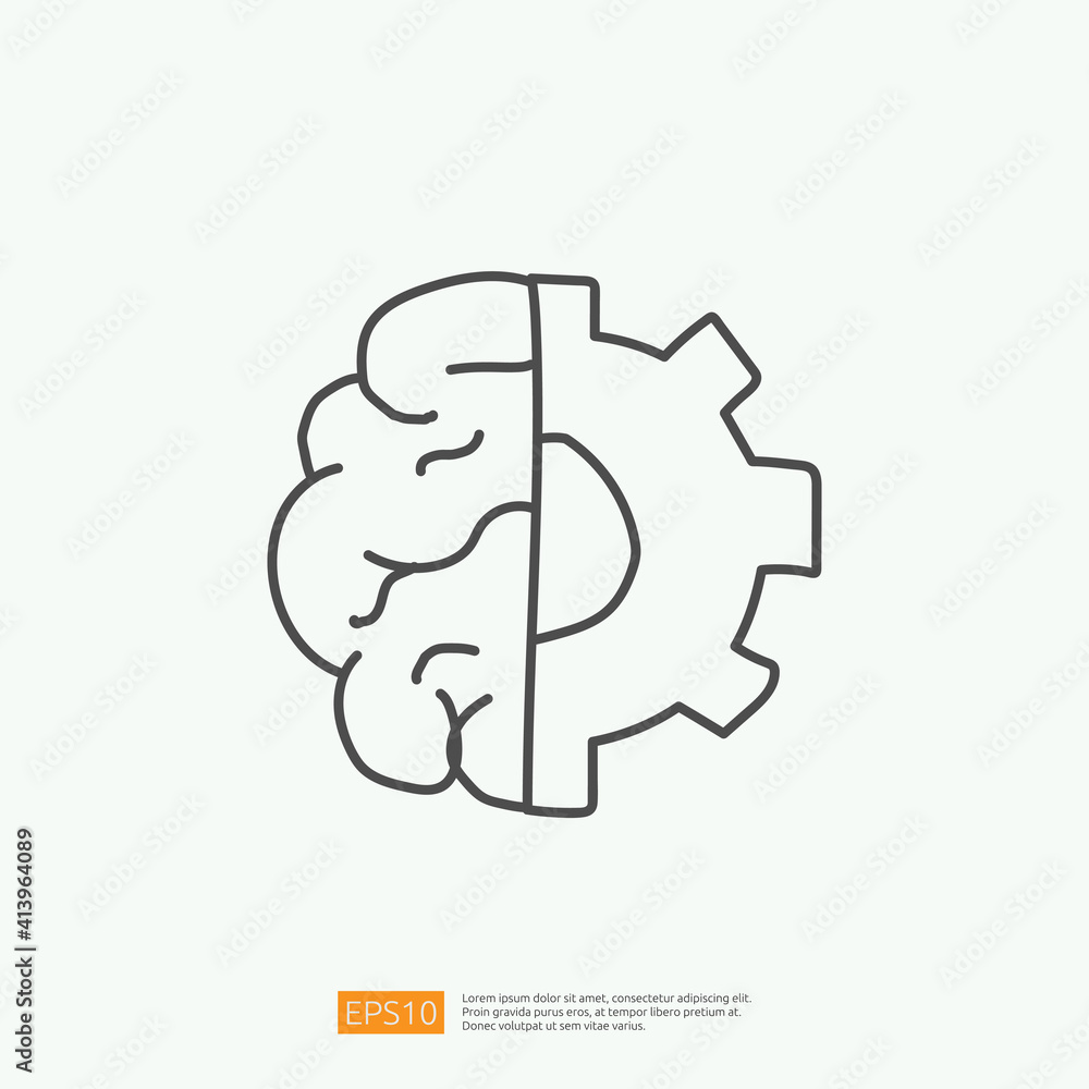 engineering related doodle with brain and gear symbol. artificial intelligence AI concept for inspiration, development, brainstorming sign. stroke line vector illustration