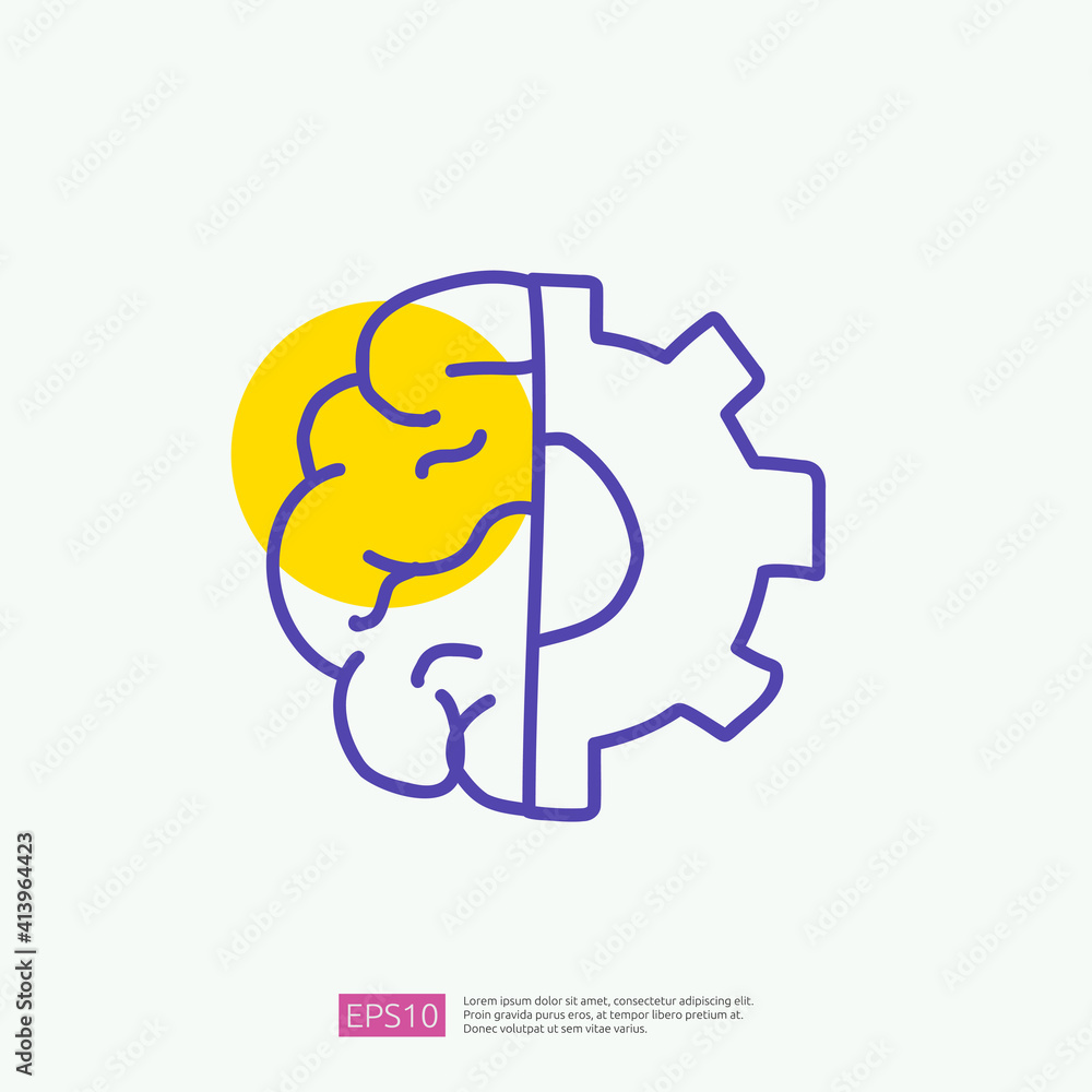 engineering related doodle with brain and gear symbol. artificial intelligence AI concept for inspiration, development, brainstorming sign. fill color line vector illustration engineering related doodle with brain and gear symbol. artificial intelligence AI concept for inspiration, development, brainstorming sign. fill color line vector illustration