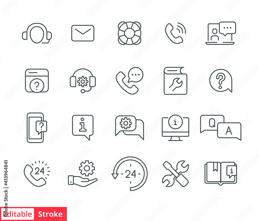 Help and support line icon set. Simple outline style symbol for web template and app. Online service and call center concept. Vector illustration isolated on white background. Editable stroke EPS 10 Help and support line icon set. Simple outline style symbol for web template and app. Online service and call center concept. Vector illustration isolated on white background. Editable stroke EPS 10