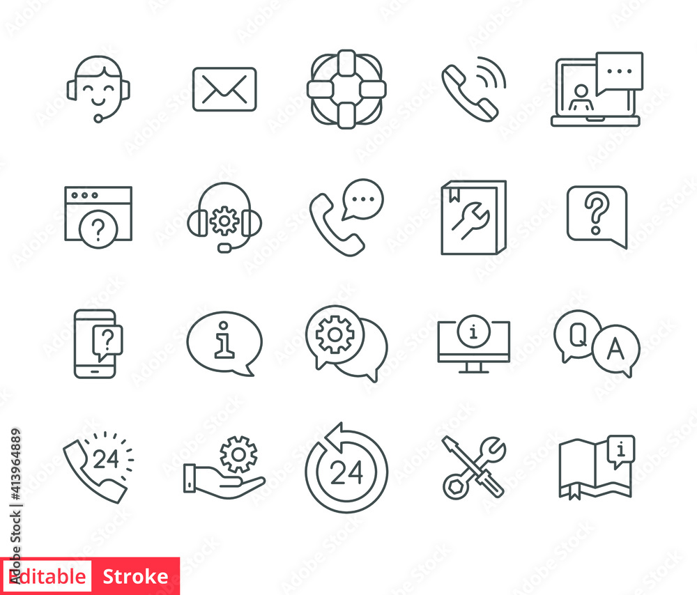 Help and support line icon set. Simple outline style symbol for web template and app. Online service and call center concept. Vector illustration isolated on white background. Editable stroke EPS 10 Help and support line icon set. Simple outline style symbol for web template and app. Online service and call center concept. Vector illustration isolated on white background. Editable stroke EPS 10