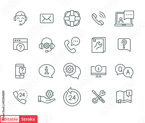 Help and support line icon set. Simple outline style symbol for web template and app. Online service and call center concept. Vector illustration isolated on white background. Editable stroke EPS 10