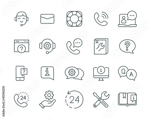 Help and support line icon set. Simple outline style symbol for web template and app. Online service, call center, contact phone concept. Vector illustration isolated on white background. EPS 10