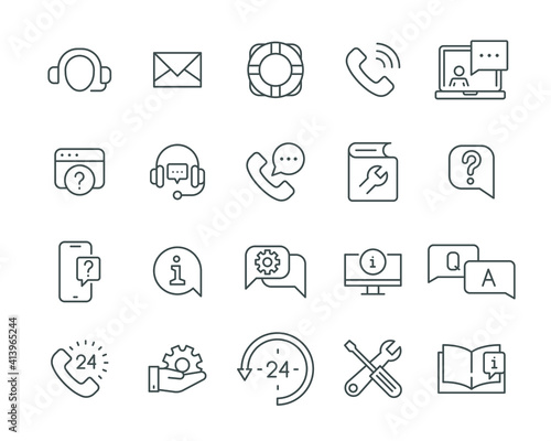 Help and support line icon set. Simple outline style symbol for web template and app. Online service, call center, contact phone concept. Vector illustration isolated on white background. EPS 10