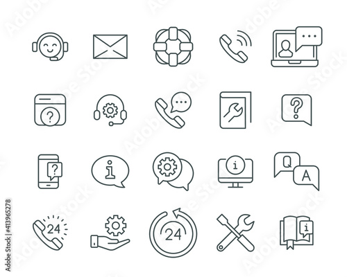 Help and support line icon set. Simple outline style symbol for web template and app. Online service, call center, contact phone concept. Vector illustration isolated on white background. EPS 10